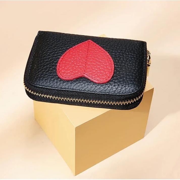 Genuine Leather Mini Wallet with Heart Decoration & Pearl Accent Genuine Leather Mini Wallet with Heart Decoration & Pearl Accent