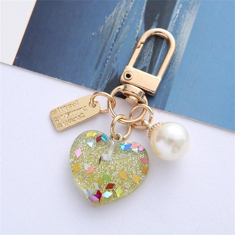 Bling Acrylic Heart Keychain With Colorful Sequin Sweet Pearl Metal Tag Keyring For Women Girls Earphone Purse Decoration